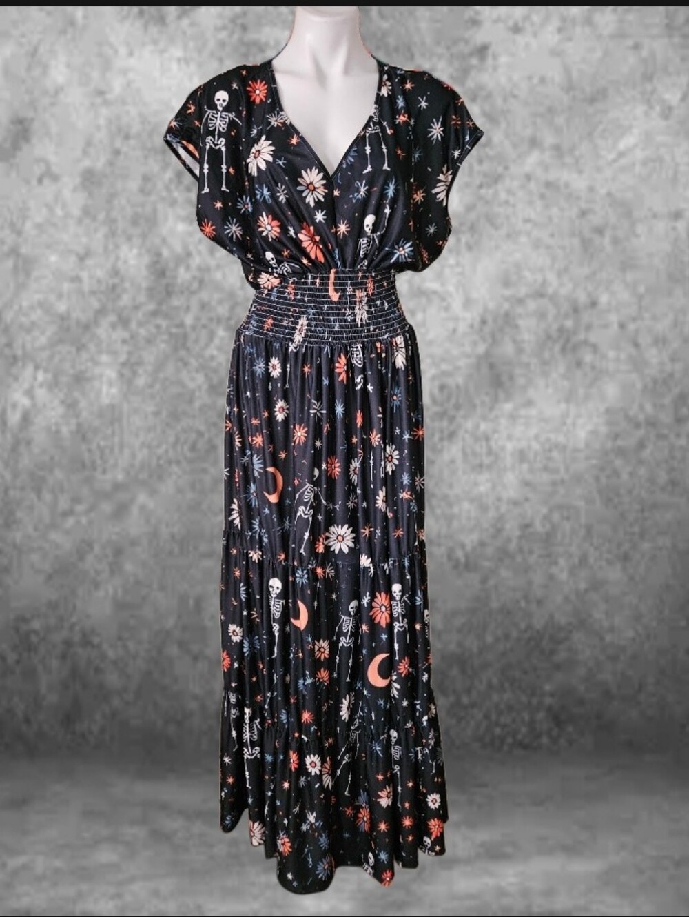 Boho Black Skeleton & Floral Maxi Dress 3XL